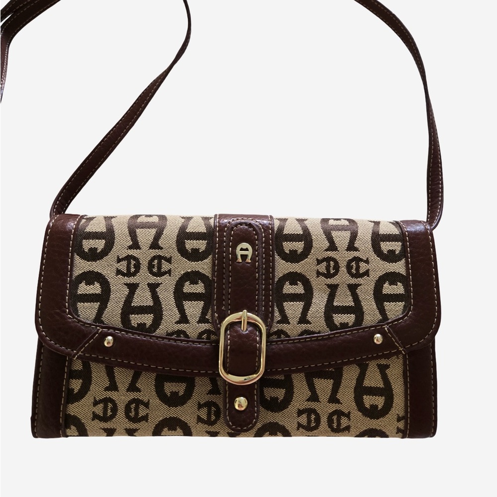 Etienne Aigner Monogram Canvas & Leather Crossbody Wallet Bag | Brown Logo